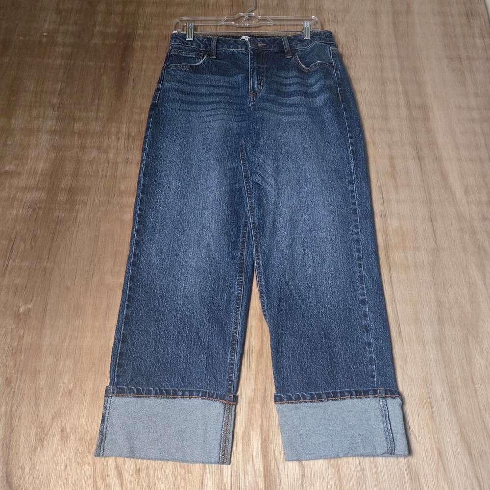 Wide Leg Cuffed Jeans Medium Wash Blue Denim Size 7/28 Moto Grunge Punk Street